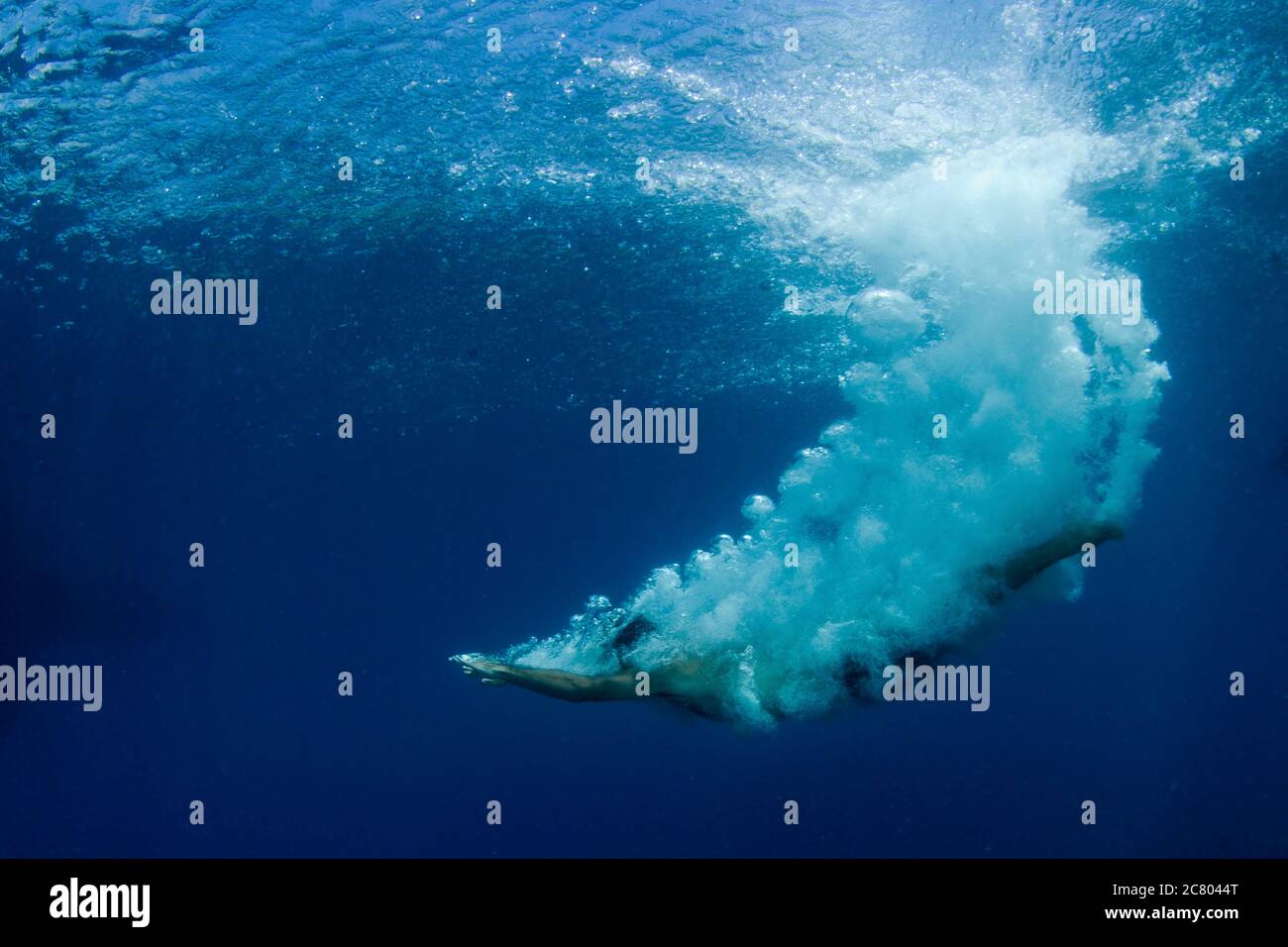 Unterwasseraufnahme eines Menschen, der ins Mittelmeer eintaucht Stockfoto
