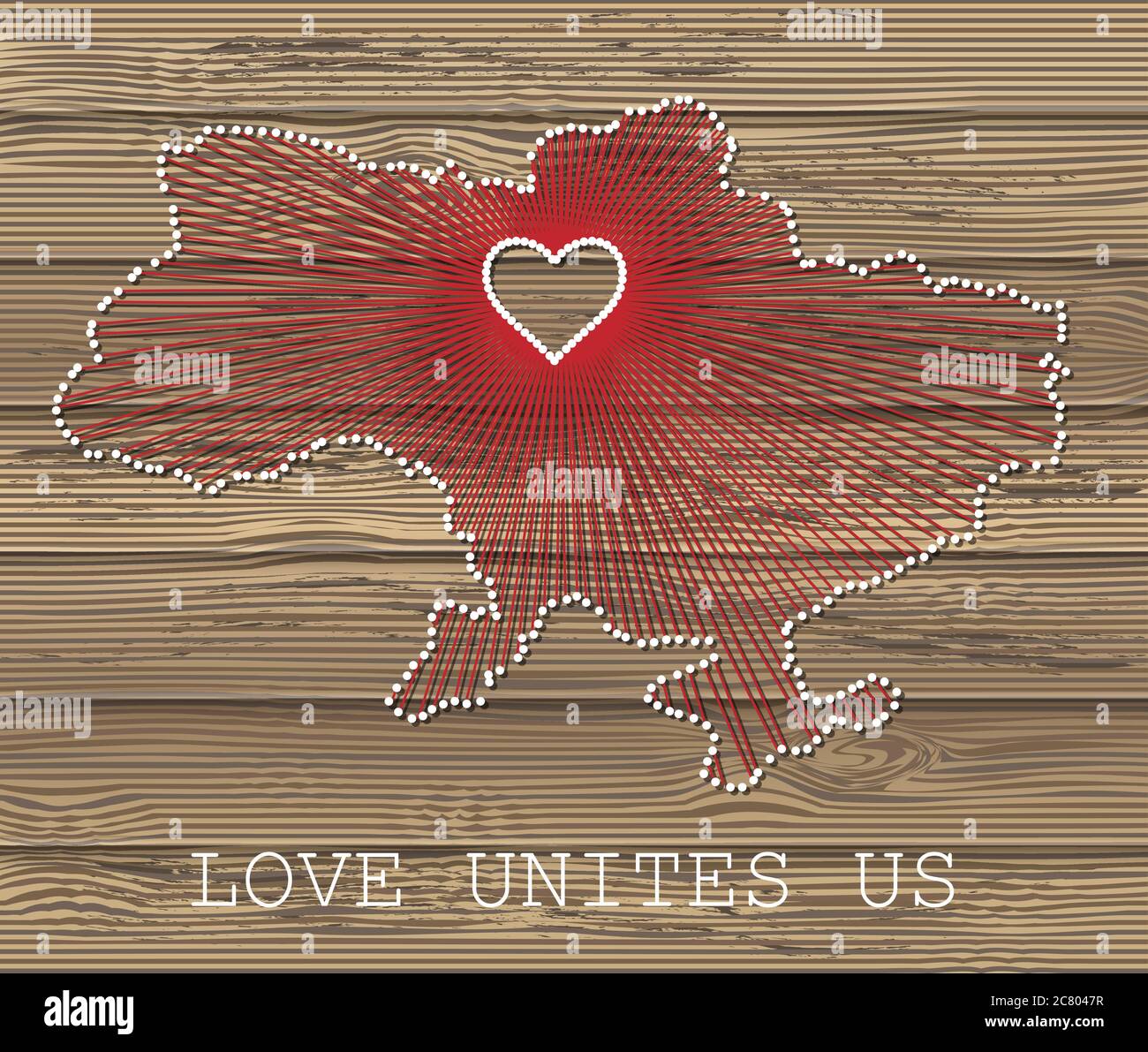 Ukraine Kunst Vektor-Karte mit Herz. Fadenkunst, Garn und Stifte auf Holzplanken Textur. Liebe verbindet uns. Botschaft der Liebe. Ukraine Kunstkarte Stock Vektor