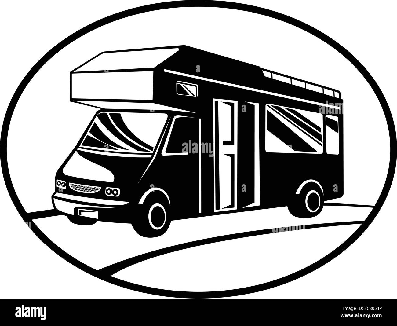 Retro Holzschnitt schwarz und weiß Stil Illustration eines Wohnmobil oder Wohnmobil von der Seite auf einem niedrigen Winkel in ovaler Form im Retro-Stil gemacht gesehen Stock Vektor