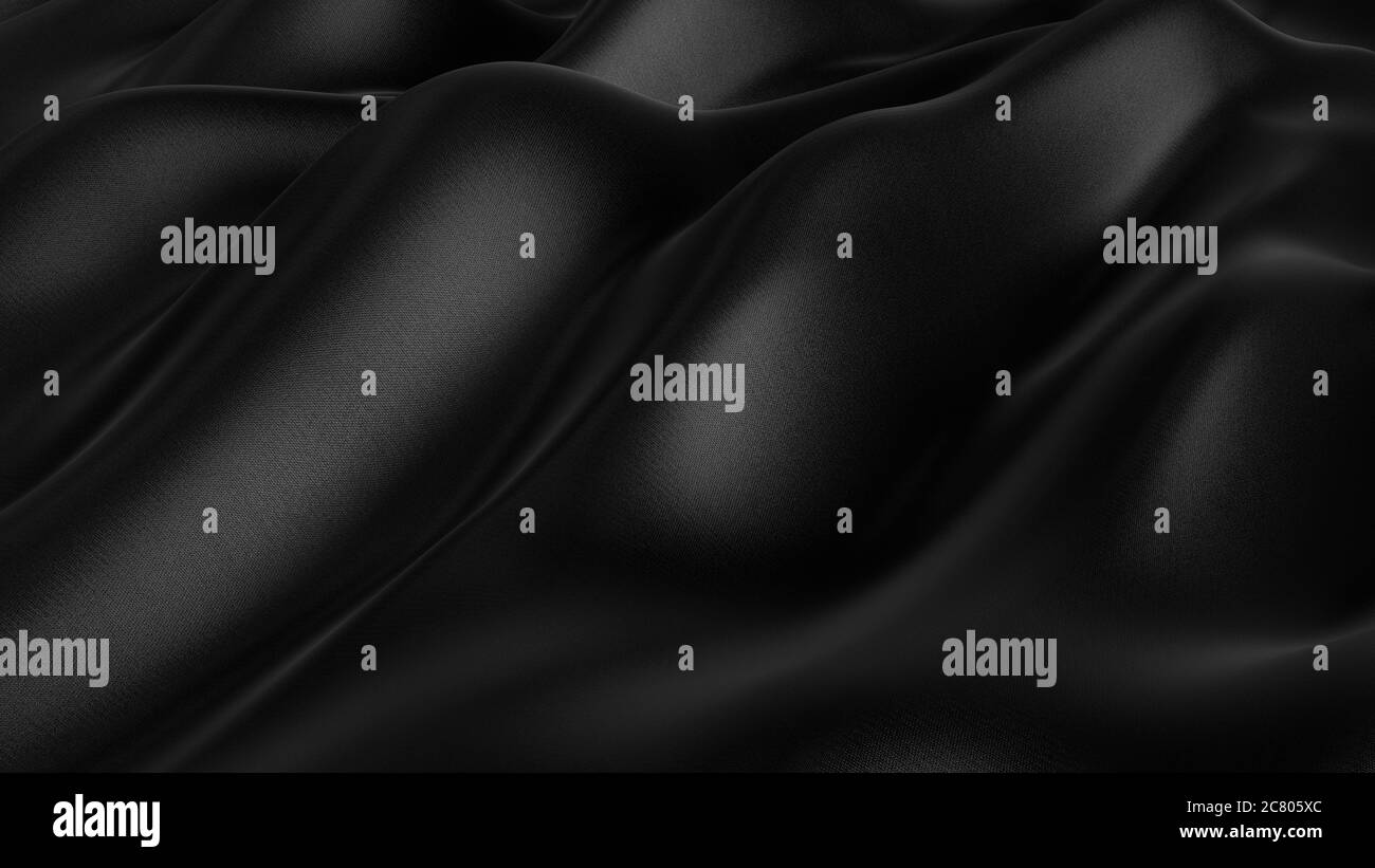 Schwarz gewellte Satin Seide abstrakten Hintergrund mit Falten und Wellen. Luxus schwarzen Stoff Hintergrund. 3d-Rendering. Stockfoto
