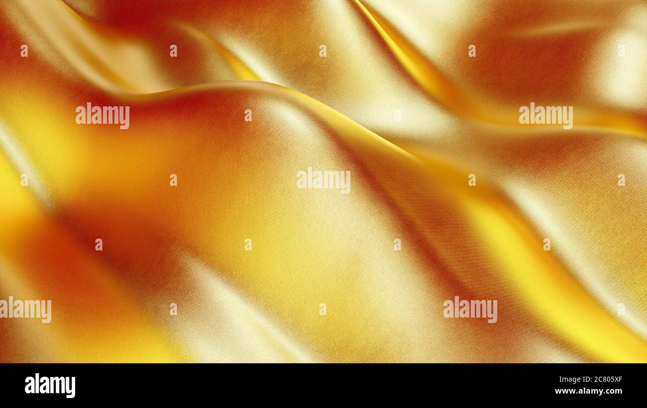 Glatte elegante goldene Seide abstrakten Hintergrund. Goldener Stoff mit Wellen. Gold stilisierte Stoffstruktur. 3d-Rendering. Stockfoto