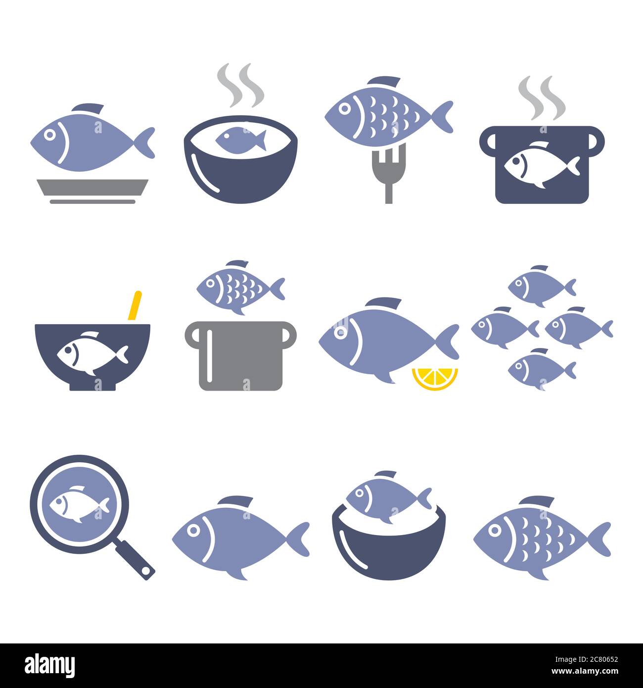 Symbole für Fischgerichte: Suppe, Hühnersuppe, Gulasch, gebratener Fisch in Farbgestaltung Stock Vektor