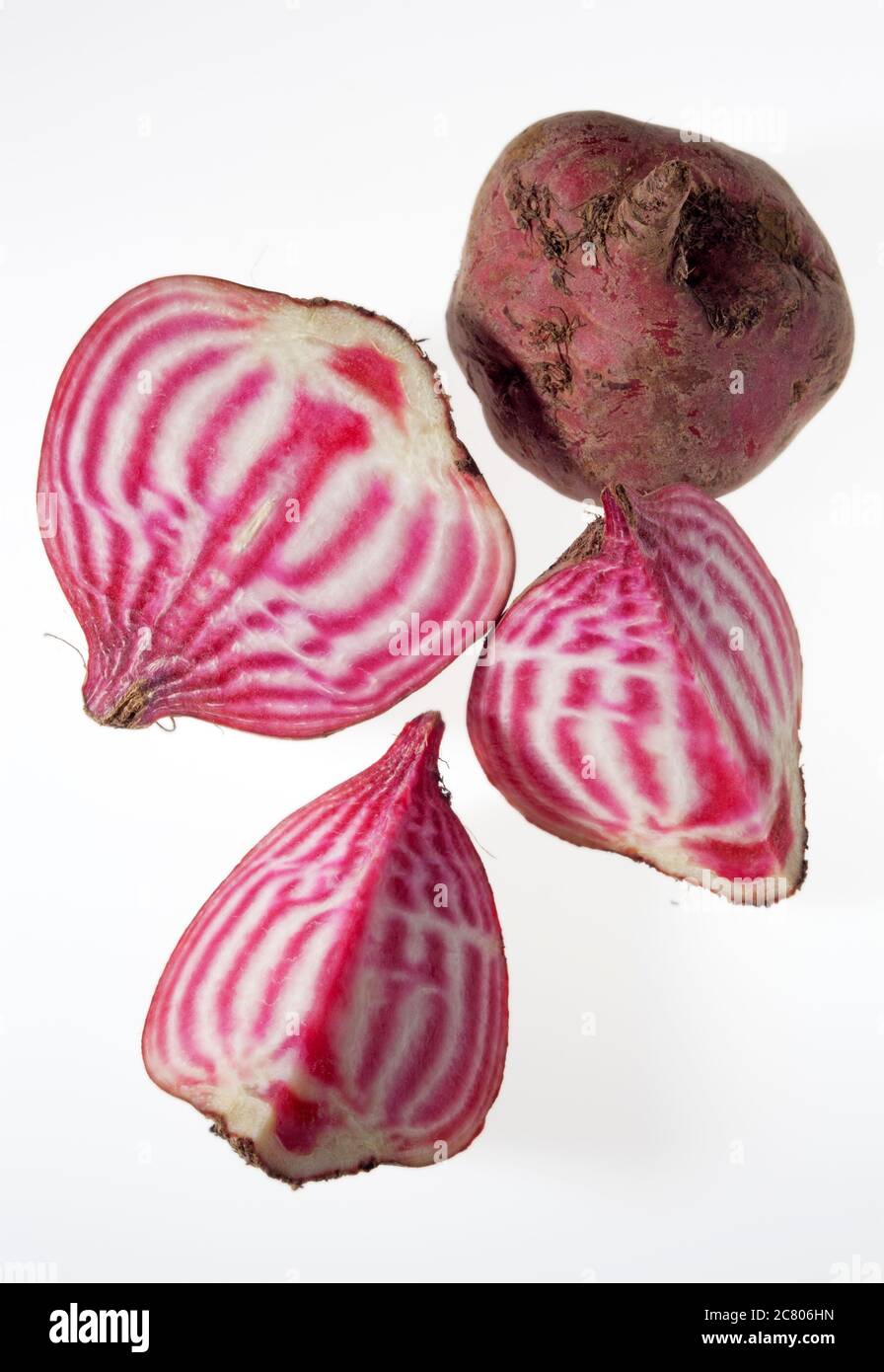 Eine frisch geschnittene offene Chioggia oder Candy Striped Rote Bete auf weißem Hintergrund Stockfoto