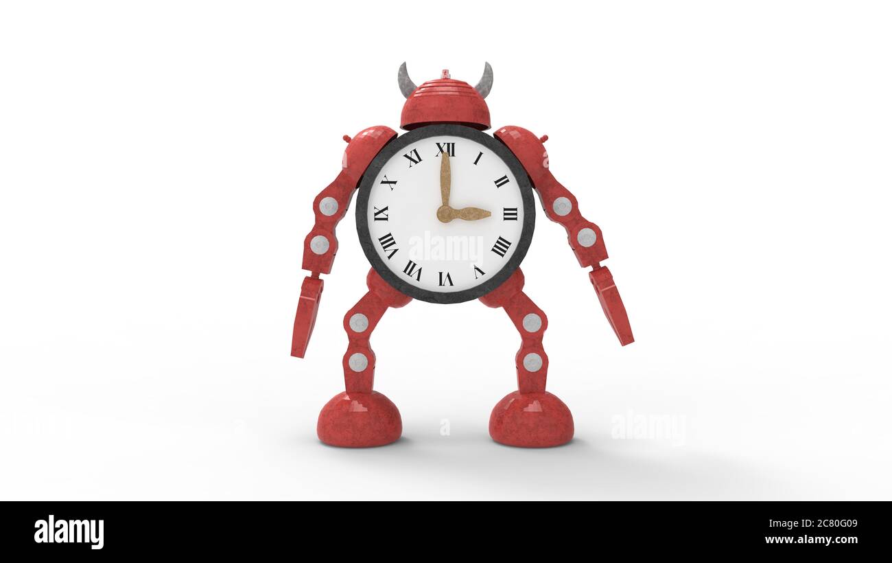 3D-Rendering eines roten Roboter Uhr Puppe Figur scifi niedlich isoliert Stockfoto