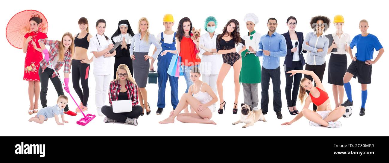 Gruppe von verschiedenen Personen auf weißem Hintergrund isoliert Stockfoto