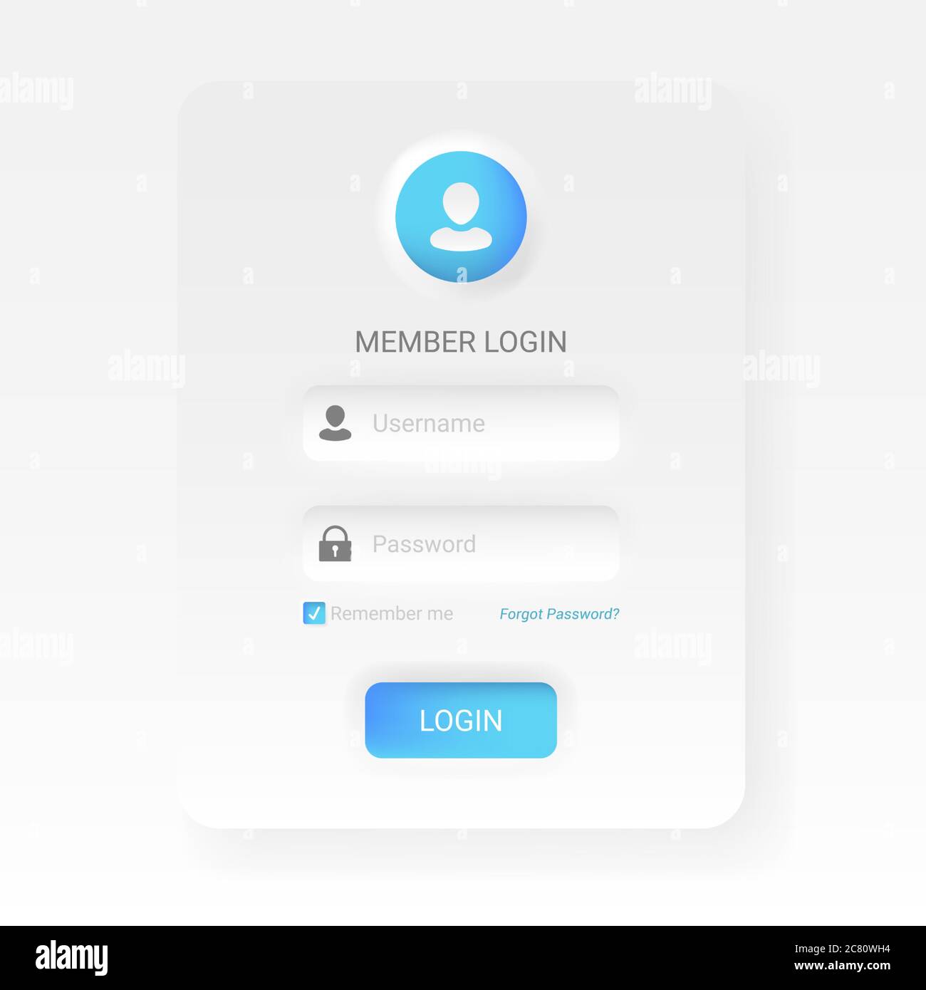 Mitglieder Login Menü in neomorphischen oder Neomorphismus Stil, moderne 2020 minimalistisches weißes Design UI UX Kit, Vektor-Illustration einfach zu bearbeiten. Stock Vektor