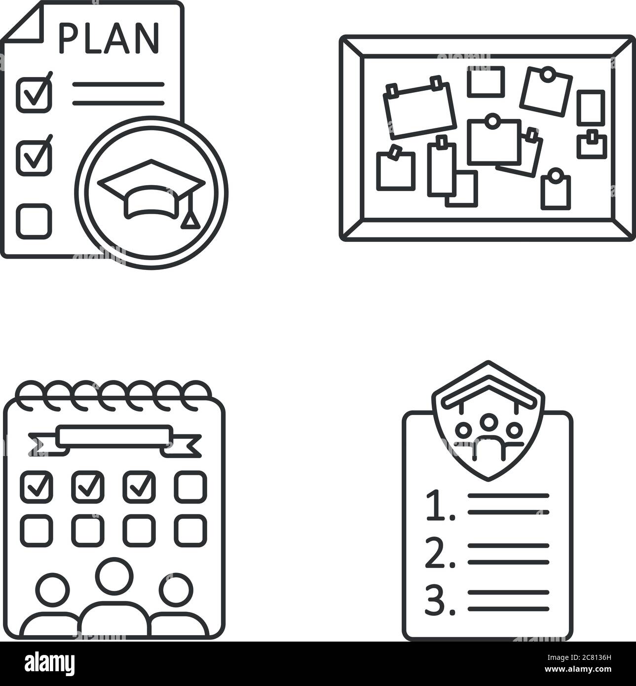Schüler Aktivitäten Pixel perfekte lineare Symbole gesetzt. Schulungsplan. Unterhaltung an der Universität. Hochschulveranstaltungen. Anpassbare Symbole für dünne Linien. Stock Vektor