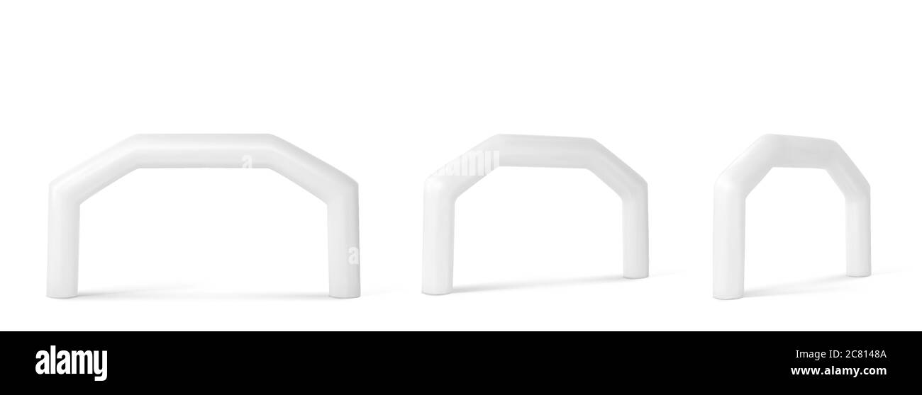 Weißer aufblasbarer Bogen für Sportveranstaltungen, Rennen, Marathon, Lauf oder Triathlon. Vektor realistische Satz von leeren Ballonröhren für Start-und Ziel-Anzeige oder Sponsoring Werbung Vorder-und Winkel-Ansicht Stock Vektor