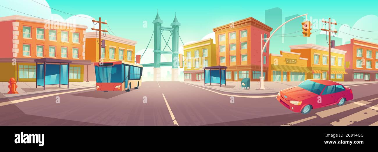 Stadtkreuzung mit Bus und Auto auf Verkehrsknotenpunkt mit Zebrastreifen, Ampeln und Straßenlampen. Städtische Infrastruktur, Brücke und moderne Megapolis Gebäude, Cartoon Vektor Illustration Stock Vektor