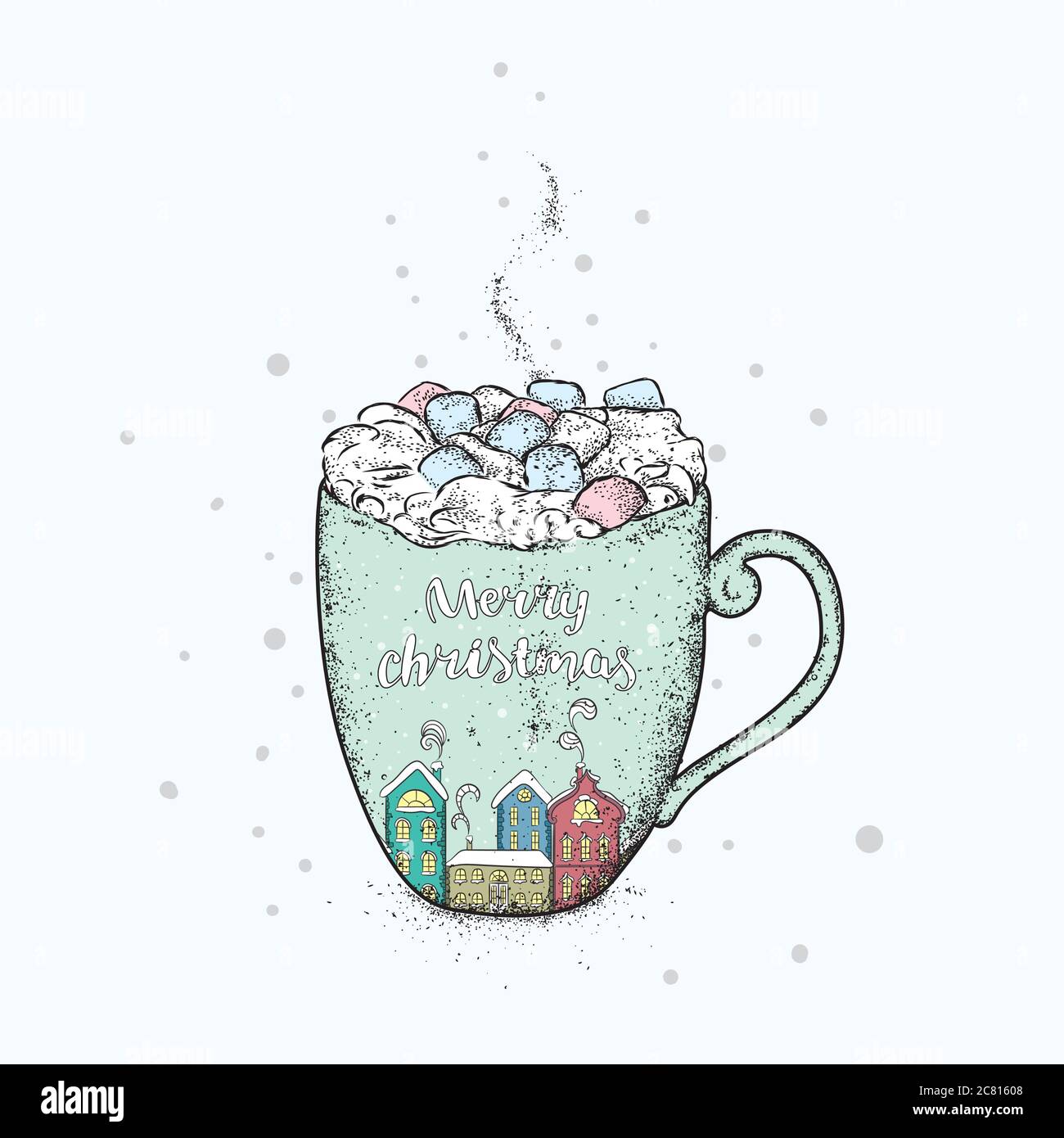 Ein Schoner Neujahrsbecher Mit Einer Winterstadt Schone Hauser Und Eine Tasse Mit Kakao Und Marshmallows Neujahr Und Weihnachten Vektorgrafik Fur Stock Vektorgrafik Alamy