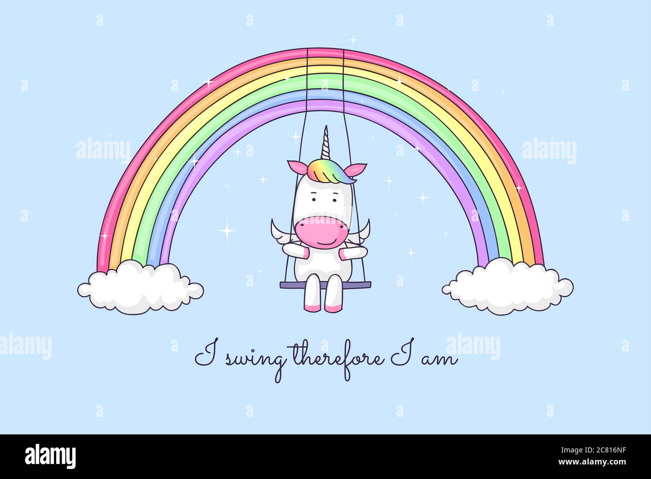 Cute cartoon Einhorn Schwingen auf einem Regenbogen, mit einem lustigen Zitat beweist Einhörner existieren Stockfoto