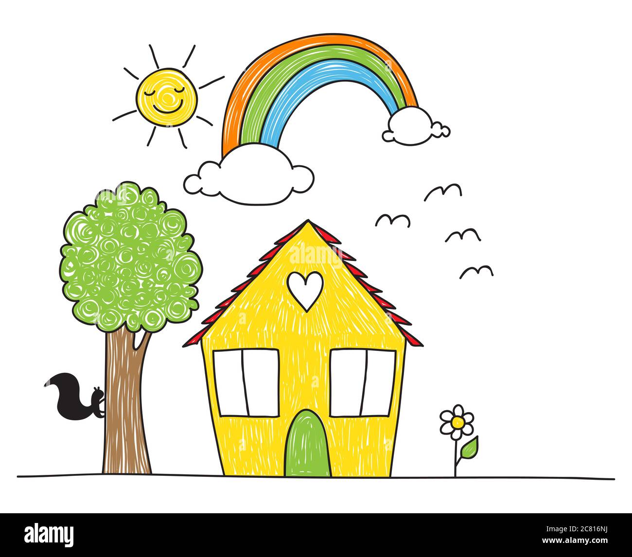 Süße Kinder- zeichnung Stil Haus, Baum, Blumen Regenbogen und der Sonne. Stockfoto