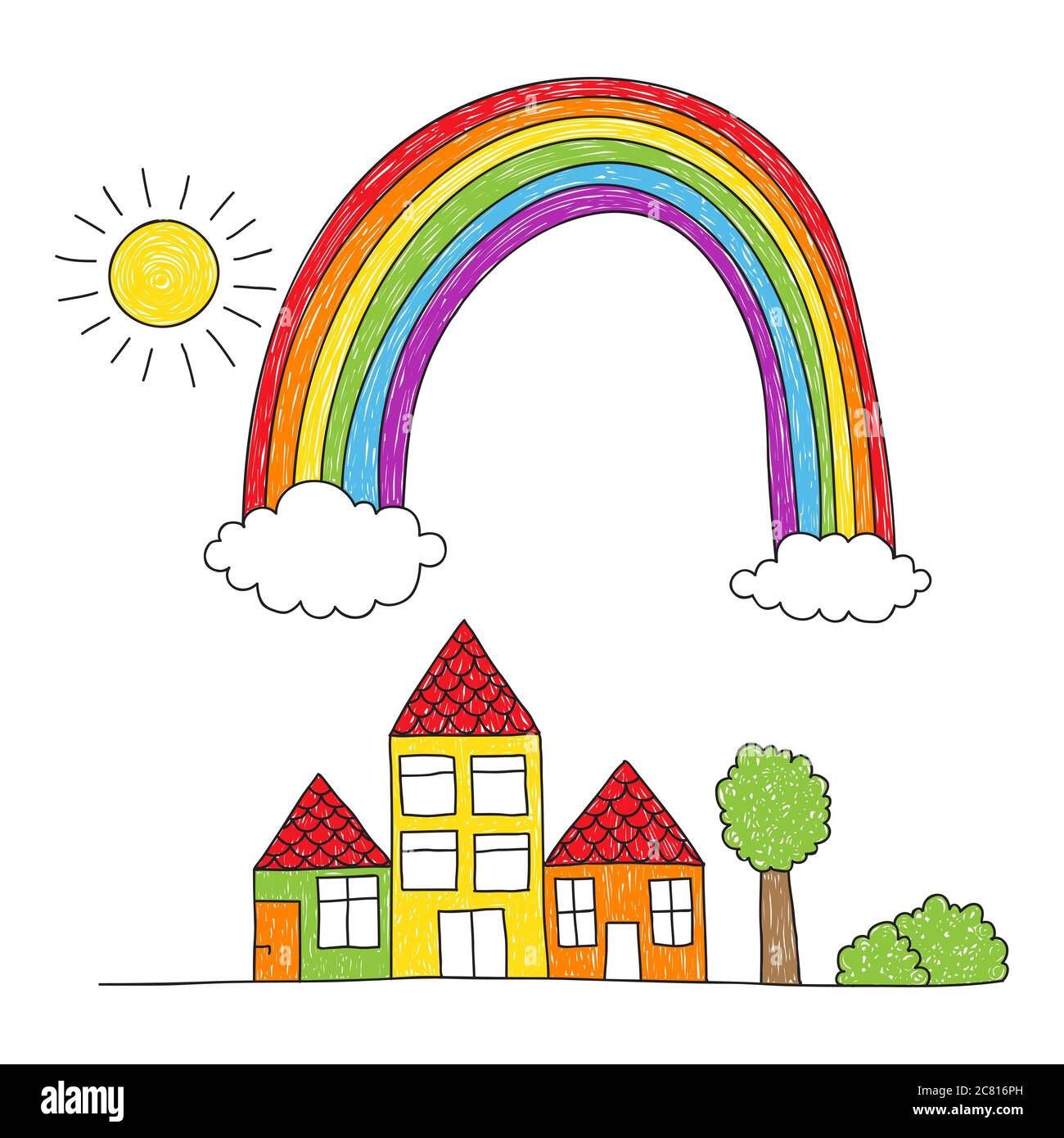 Kindische Zeichnung einer kleinen Straße mit drei Häuser und einen Regenbogen mit imprefect Färbung. Stockfoto
