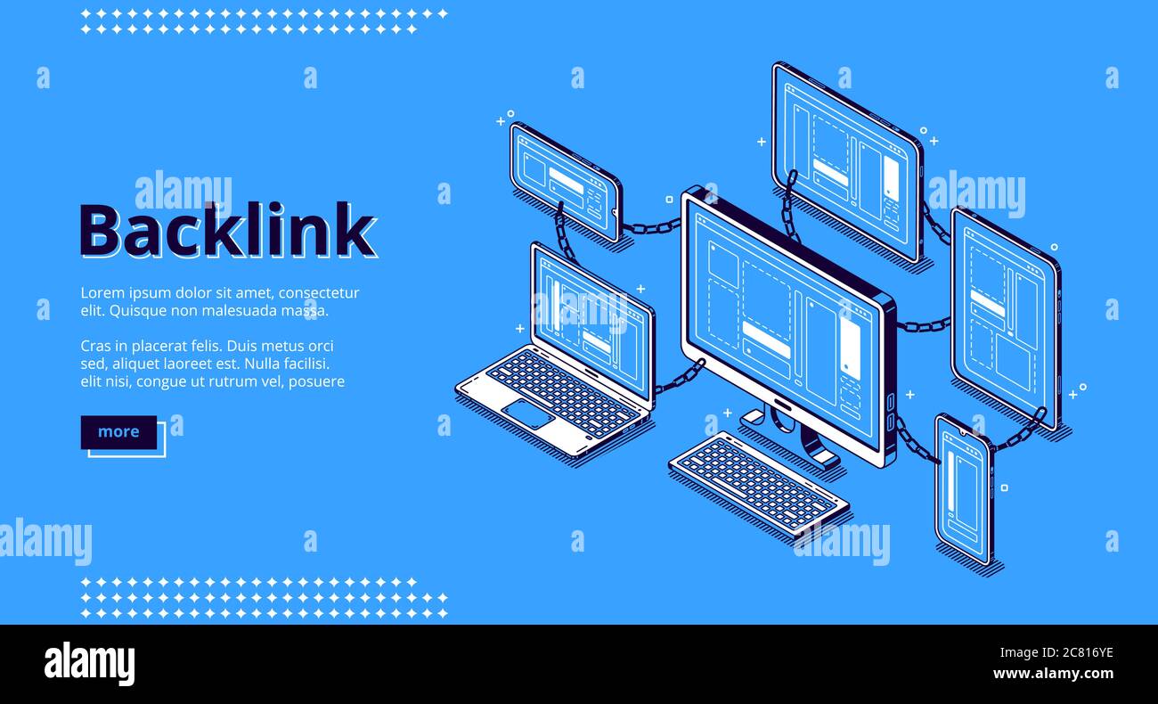 Backlink-Banner. Konzept des Aufbaus Hyperlink-System, Zusammenarbeit von Websites, seo-Optimierung. Vektor Landing Page von eingehenden Verbindung mit isometrischer Darstellung der Aufstellungsorte Kette, Computernetzwerk Stock Vektor