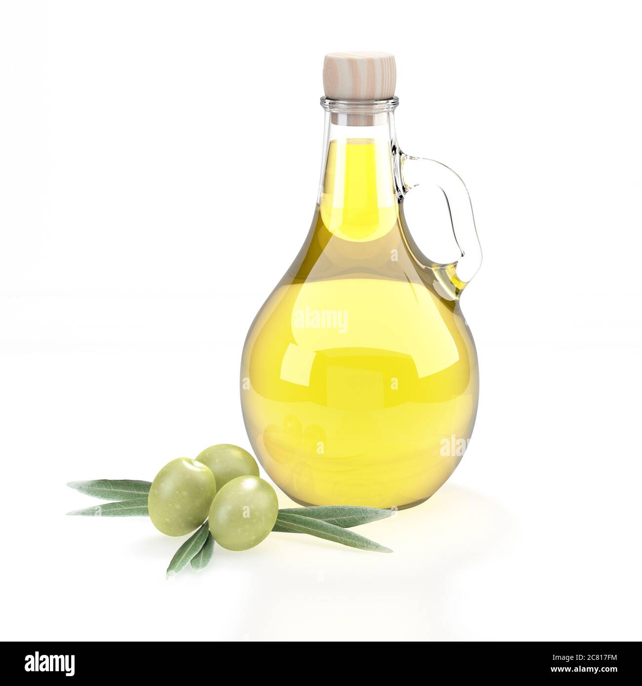 Ölflasche in Form eines Flakons mit einem Griff mit einer Holzkappe bedeckt. Grüne Oliven vom Olivenbaum links vom Behälter. Stockfoto