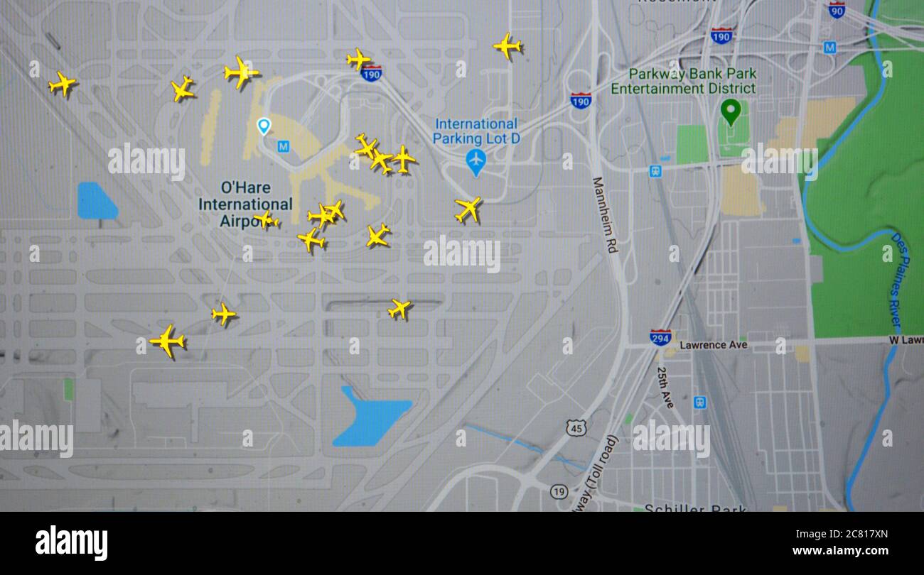 Flugverkehr auf dem Flughafen Chicago 0 Hare (18. juli 2020, UTC 16.51) im Internet mit Flightradar 24-Website, während der Coronavirus-Pandemie Stockfoto