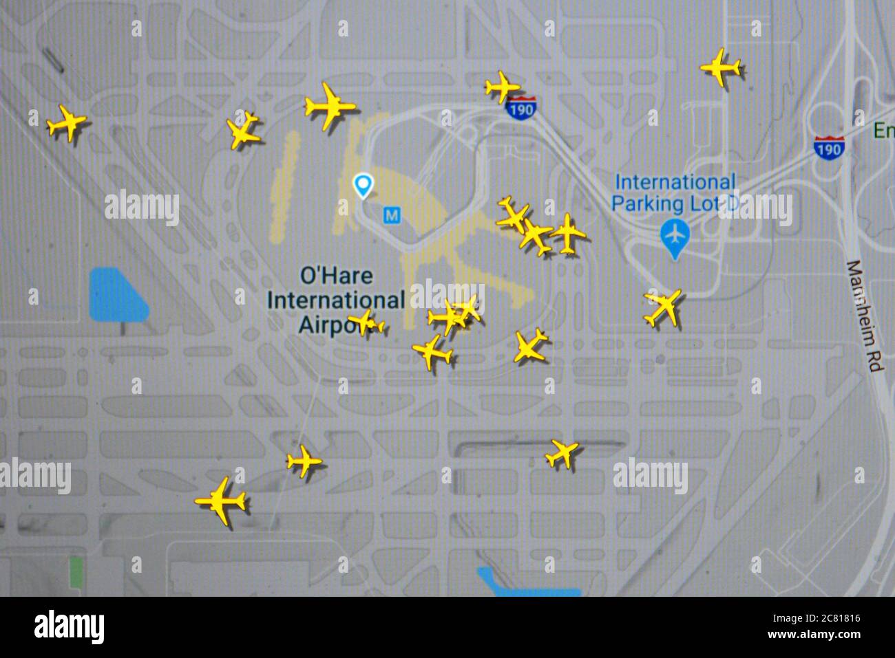 Flugverkehr auf dem Flughafen Chicago 0 Hare (18. juli 2020, UTC 16.51) im Internet mit Flightradar 24-Website, während der Coronavirus-Pandemie Stockfoto