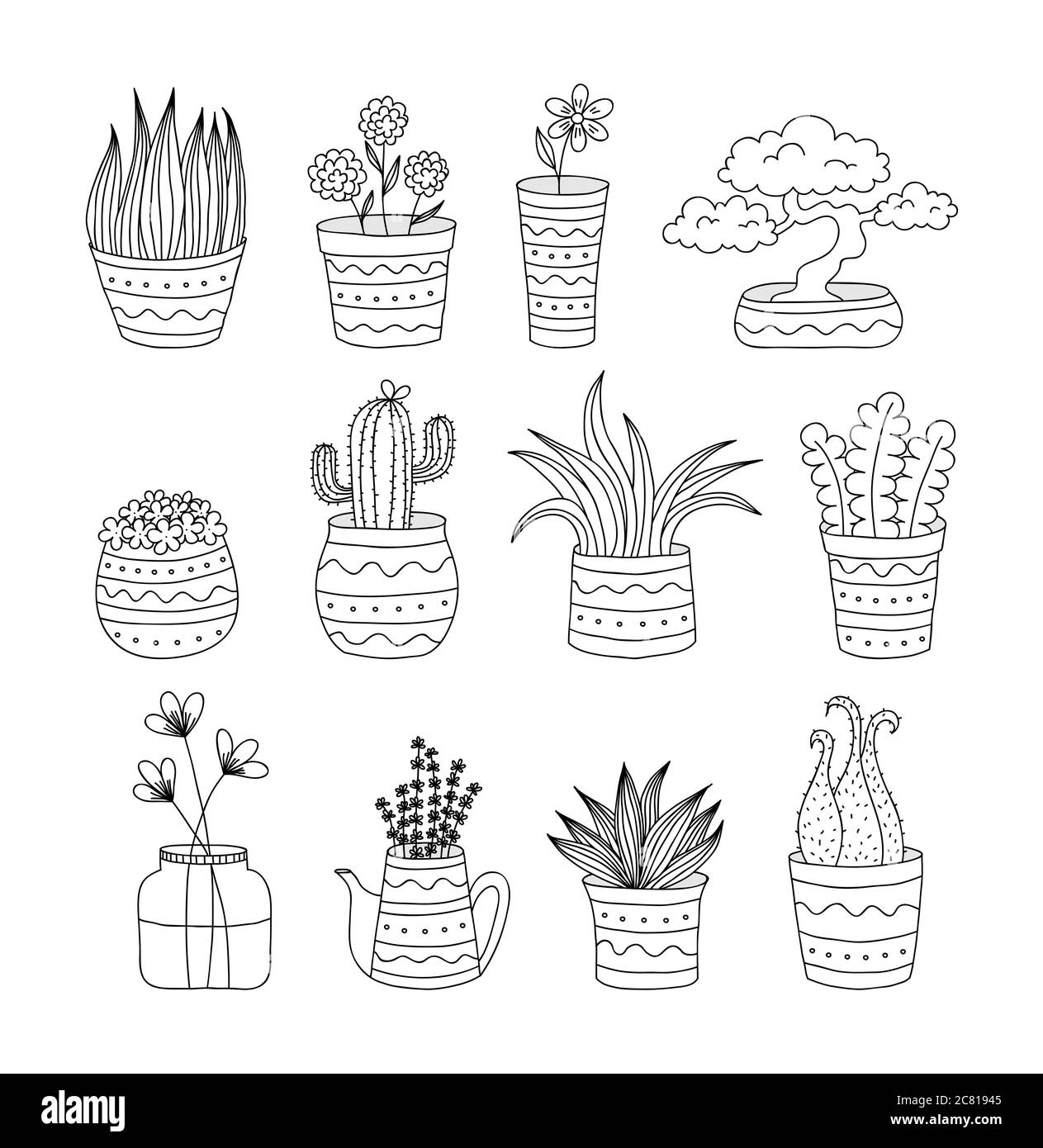 Sammlung von 12 doodle Blumentöpfe mit verschiedenen Anlagen, zum Färben geeignet Stockfoto