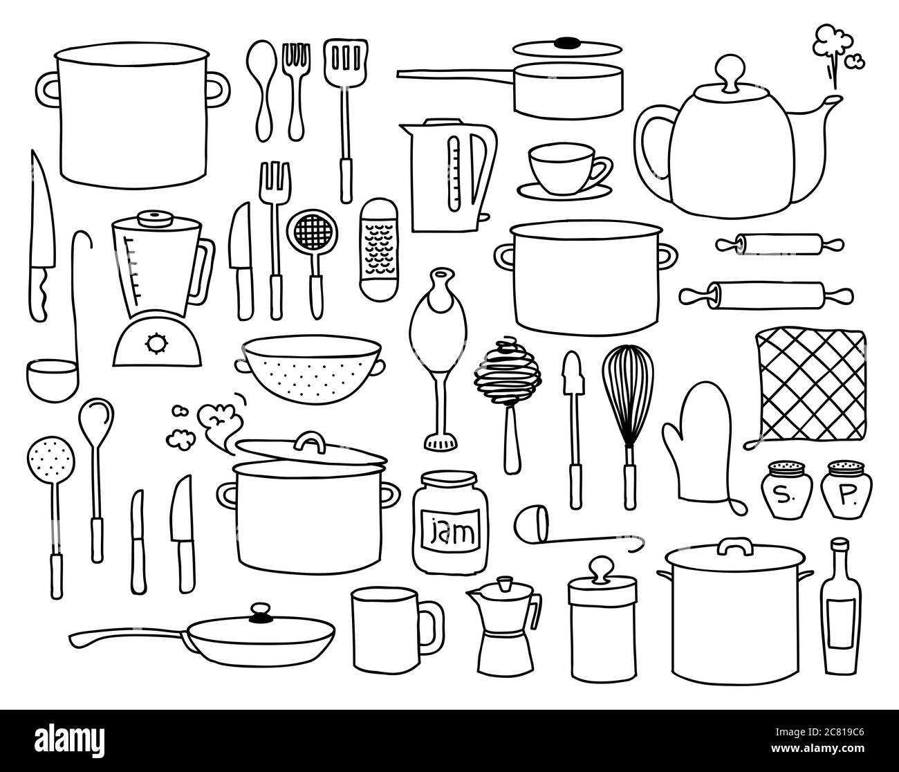 Geschirr, Töpfe und andere Küche ähnliche Elemente doodle Sammlung. Stockfoto