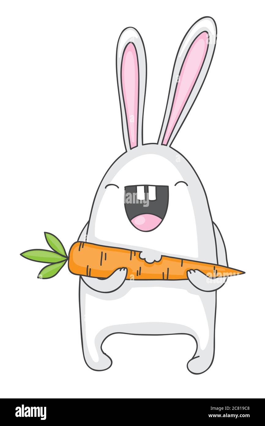Süß und glücklich auf der Suche cartoon Hase oder Kaninchen mit einem gebissen Karotte. Einfache Zeichnung, für Kinder geeignet. Stockfoto