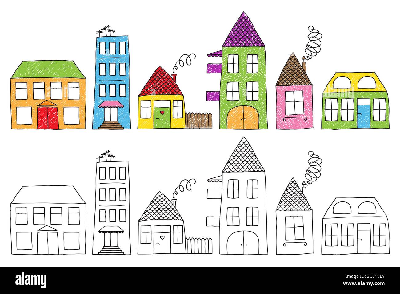Einstellen der naiven kindlichen Zeichnung der verschiedenen Häuser, farbige unvollkommen oder gar nicht gefärbt. Stockfoto