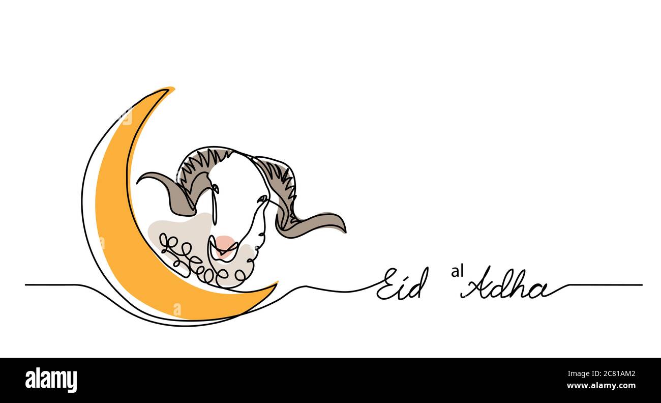 Eid al-Adha einfacher Vektor-Hintergrund, Webbanner mit Schafziege und Halbmond. Eine kontinuierliche Linienzeichnung von Schaf und Mond Stock Vektor