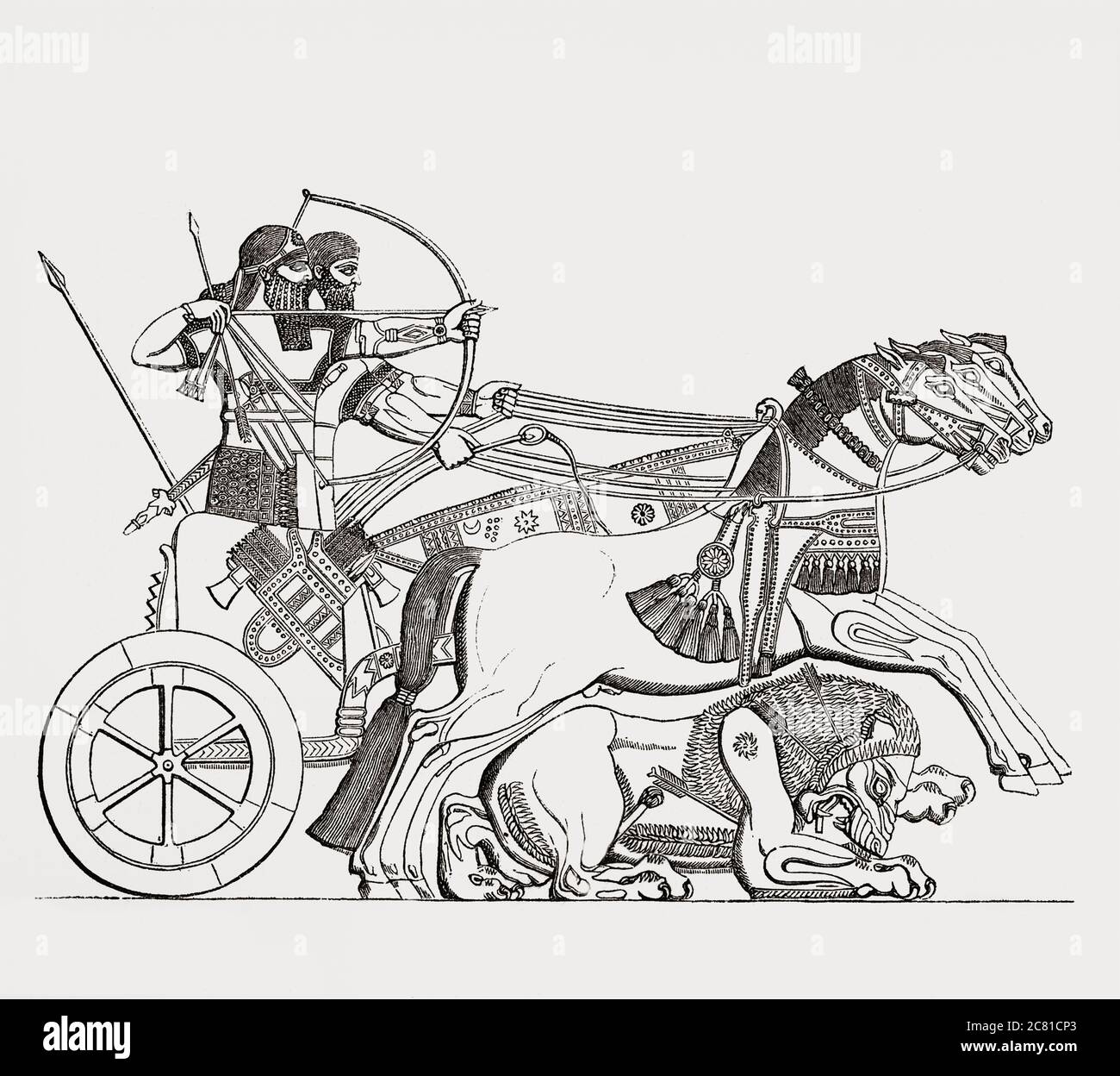 Assyrer jagen Löwen von einem Wagen. Nach einer Illustration eines unbekannten Künstlers aus dem 19. Jahrhundert aus einem Flachrelief in Nimrud. Stockfoto