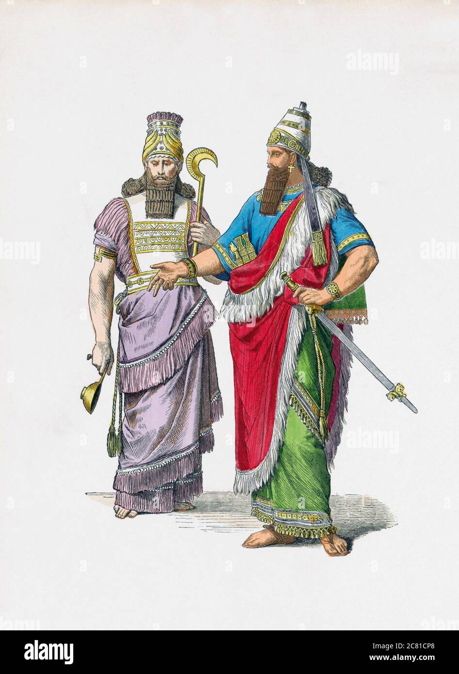 Zwei assyrische Männer in ihrer Nationaltracht. Nach einem Werk eines unbekannten Künstlers aus dem 19. Jahrhundert. Stockfoto