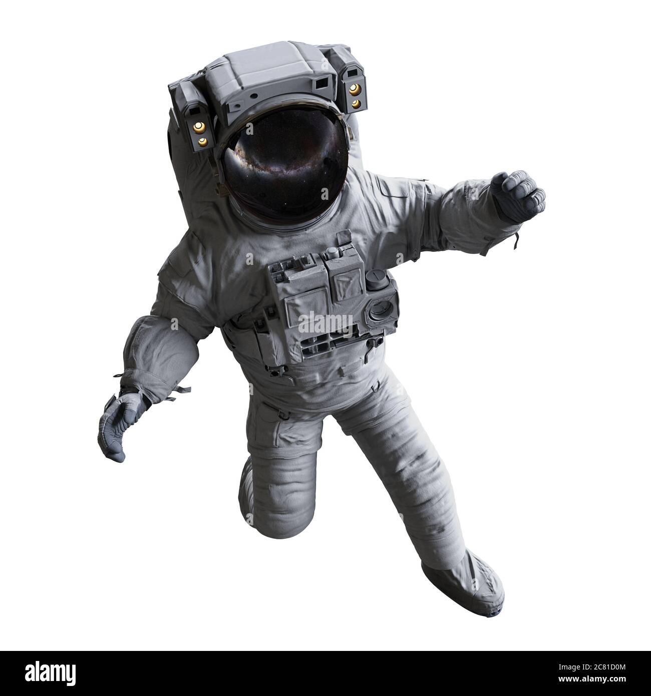 astronaut, der einen Spacewalk durchführt, isoliert auf weißem Hintergrund Stockfoto