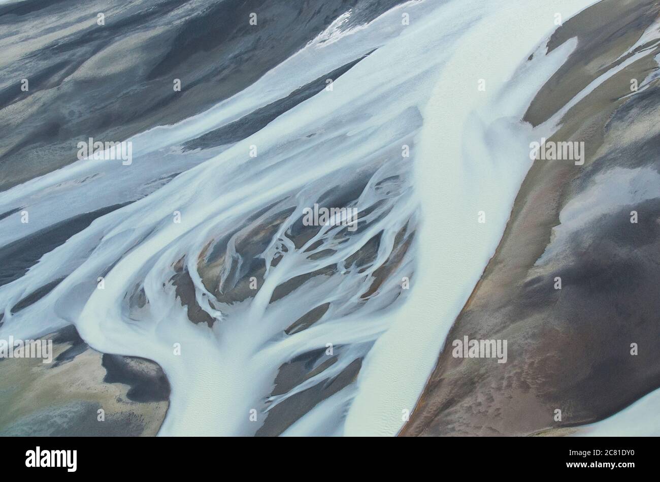 Luftaufnahme über den Holsa Fluss in Südisland von einem kleinen Flugzeug Stockfoto