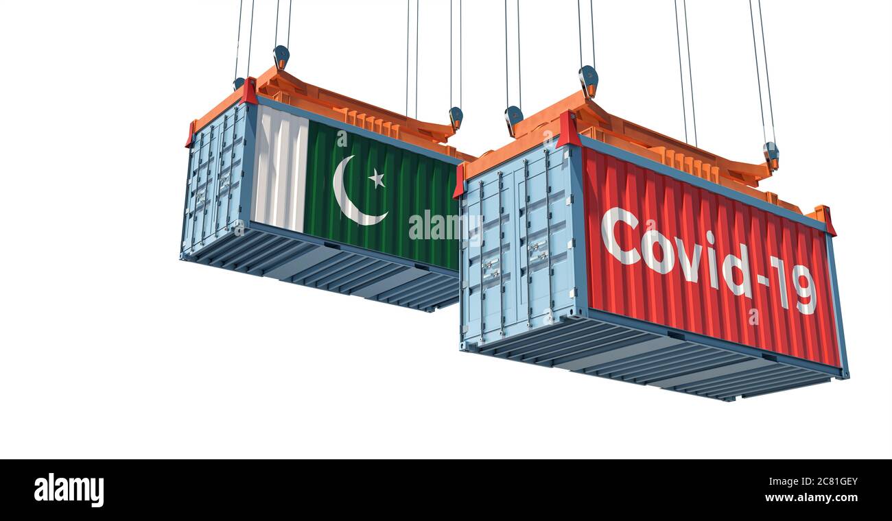 Container mit Coronavirus Covid-19 Text auf der Seite und Container mit Pakistan Flagge. Konzept des internationalen Handels, der das Corona-Virus verbreitet. Stockfoto