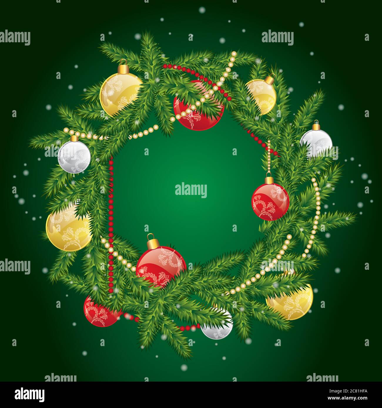 Weihnachtskranz mit Kugeln. Vektorgrafik für eine Karte oder ein Poster. Herzlichen Glückwunsch. Neujahr und Weihnachten. Stock Vektor