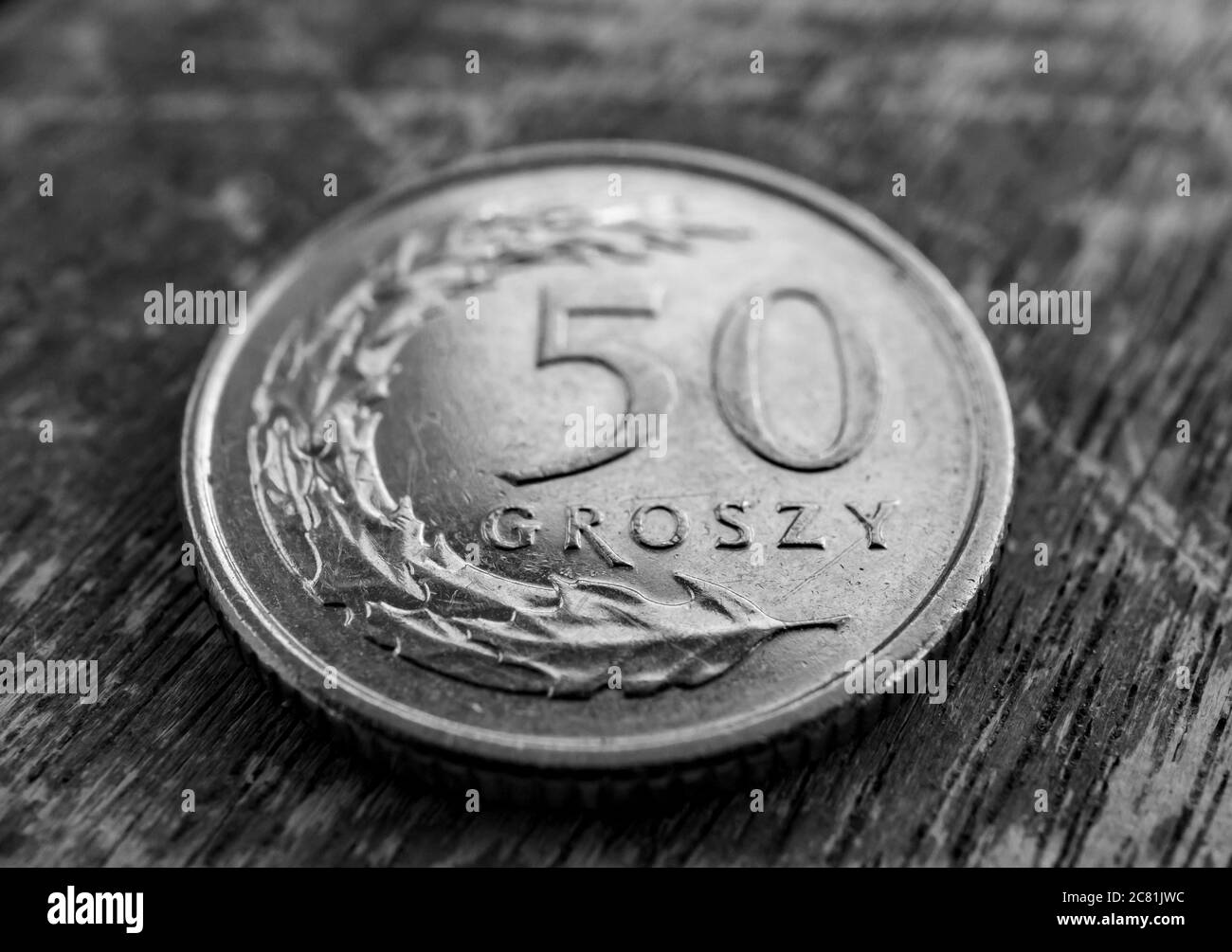 POSEN, POLEN - 03. Jul 2020: Polnische fünfzig grosze Münze, die auf einer hölzernen Oberfläche liegt Stockfoto