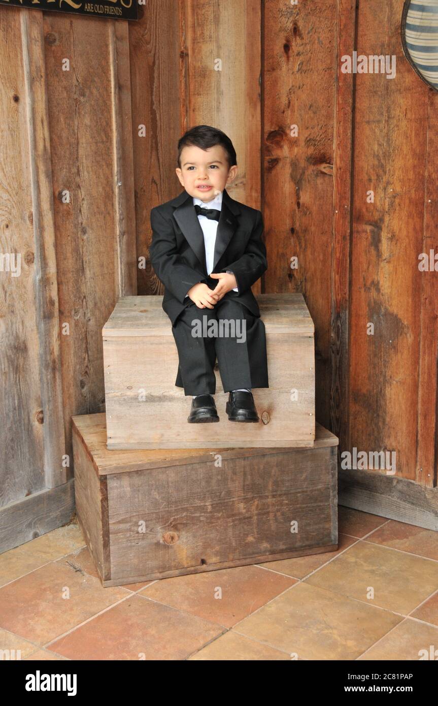 Kleinkind in einem formalen Smoking als Ring gekleidet Träger in einer Hochzeit Stockfoto