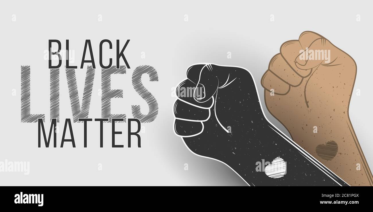 Cover für Black Lives Matter Protest in USA. Stoppen Sie die Gewalt gegen schwarze Menschen. Handgezeichnetes brutales Faust-Symbol mit Herz-Tattoo auf weißem Hintergrund. Gru Stock Vektor