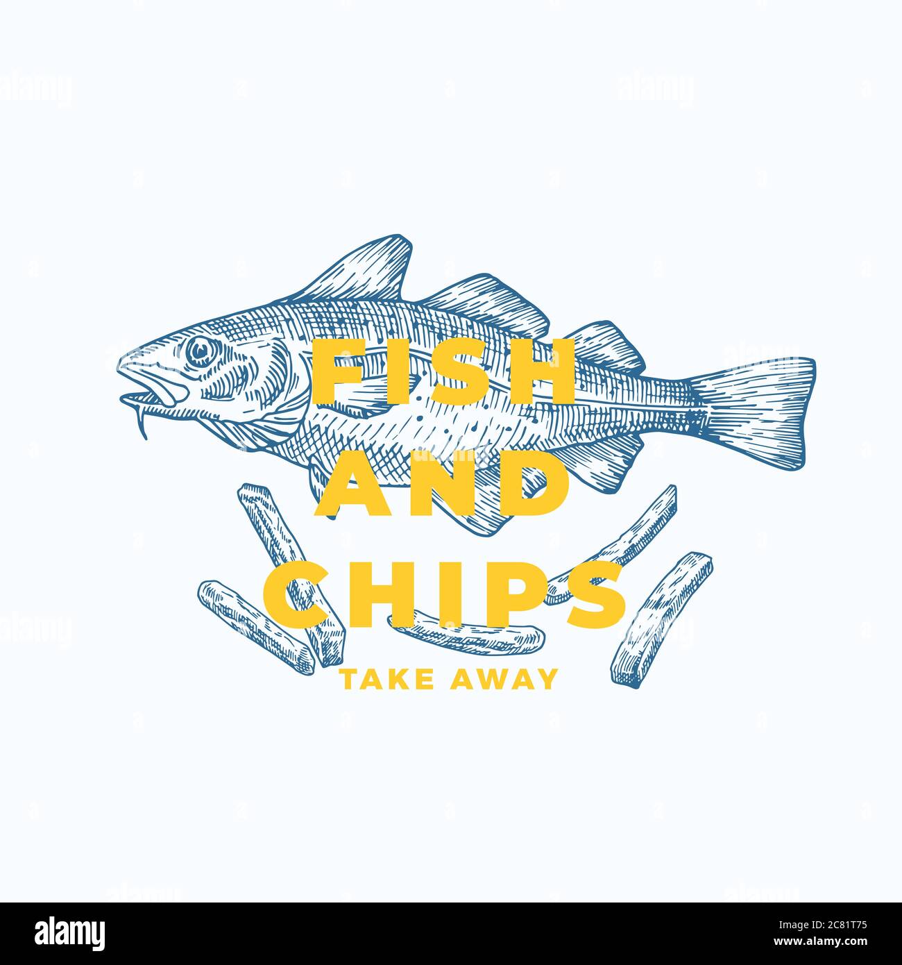 Fisch und Chips Abstraktes Vektorzeichen, Symbol oder Logo-Vorlage. Handgezeichnete Kabeljau-Fische und Kartoffelfrites mit moderner Typografie. Vektor In Premium-Qualität Stock Vektor