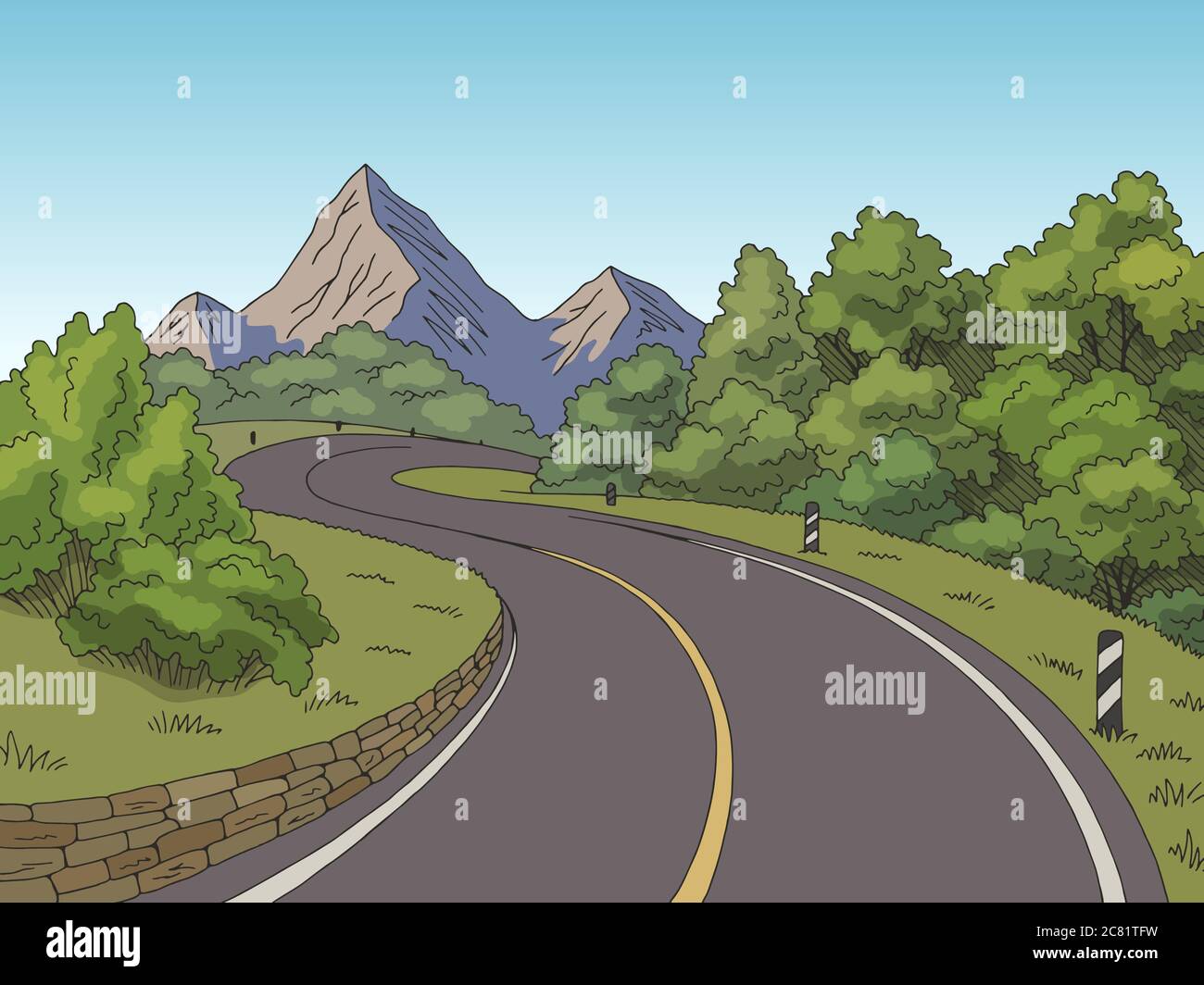 Mountain Road Grafik Farbe Landschaft Skizze Illustration Vektor Stock Vektor