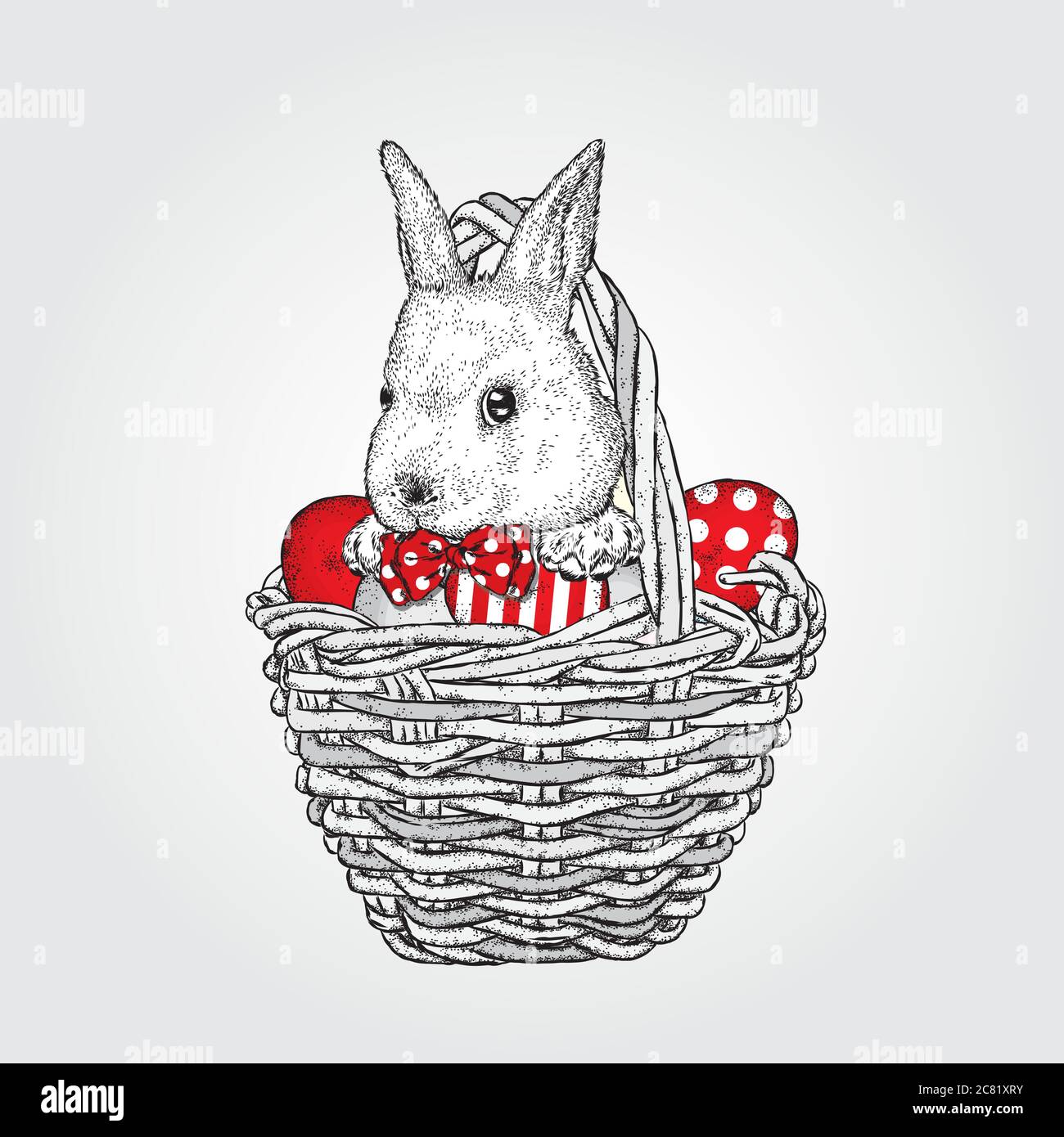 Niedliches süßes Häschen in einem Korb mit Ostereiern. Vektorgrafik. Frühlingsurlaub. Stock Vektor