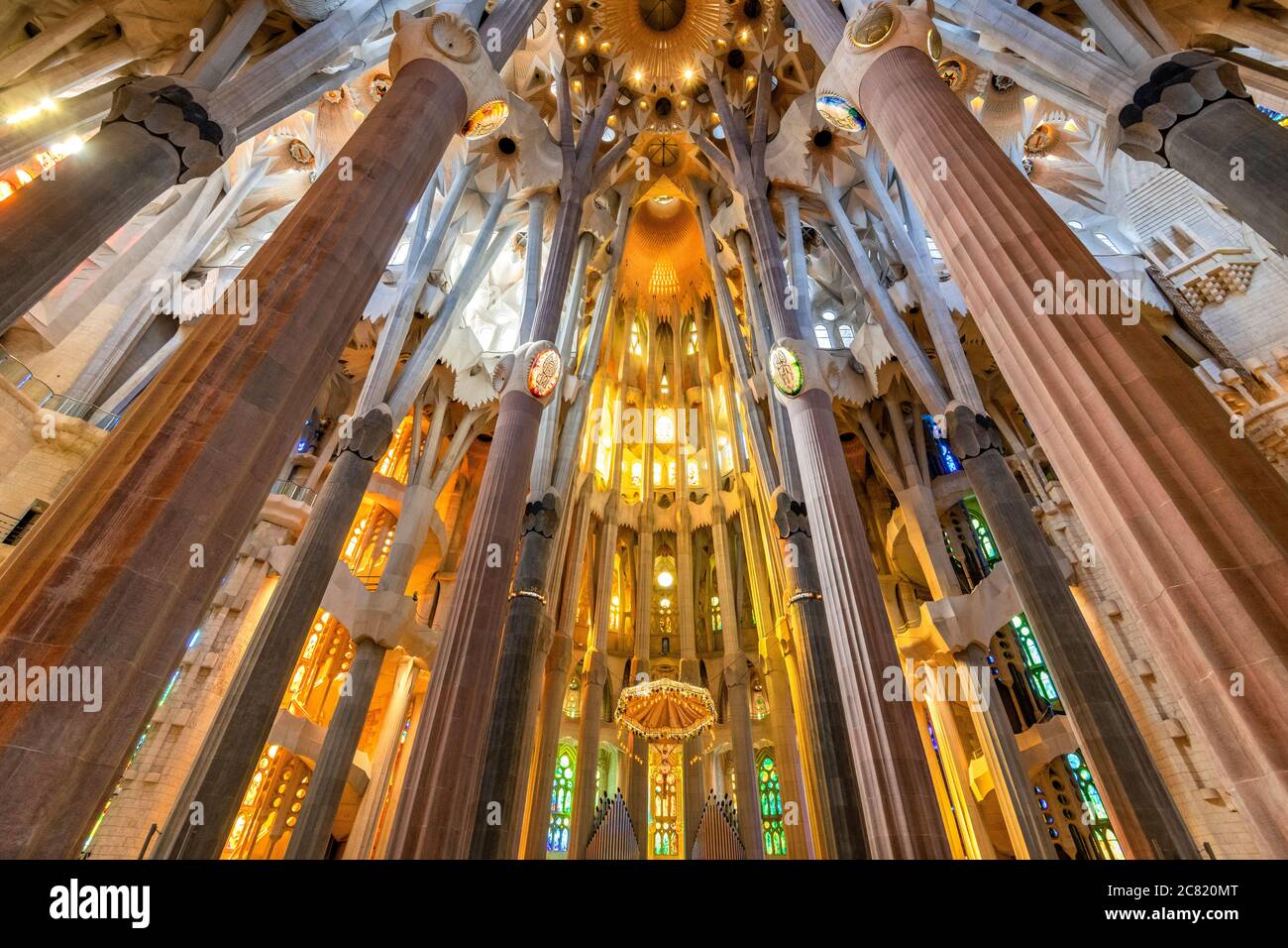 Niedrige Ansicht der Decke im Kirchenschiff, Sagrada Familia, Barcelona, Katalonien, Spanien Stockfoto