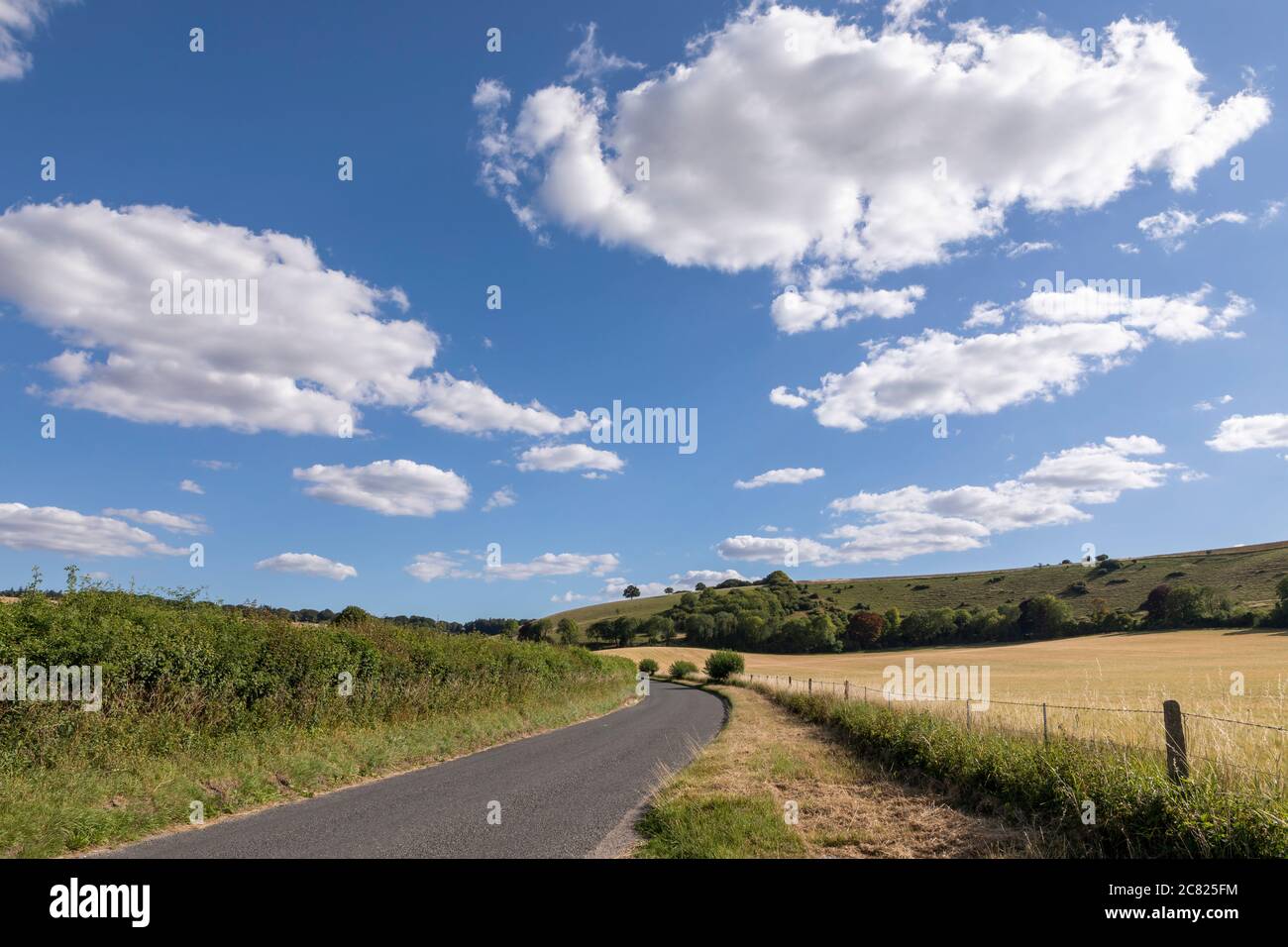 Ruhige Landstraße durch Ackerland im Meon Valley. Ein perfekter Sommertag, um auf dem Land mit blauem Himmel und weißen Wolken zu sein. Stockfoto
