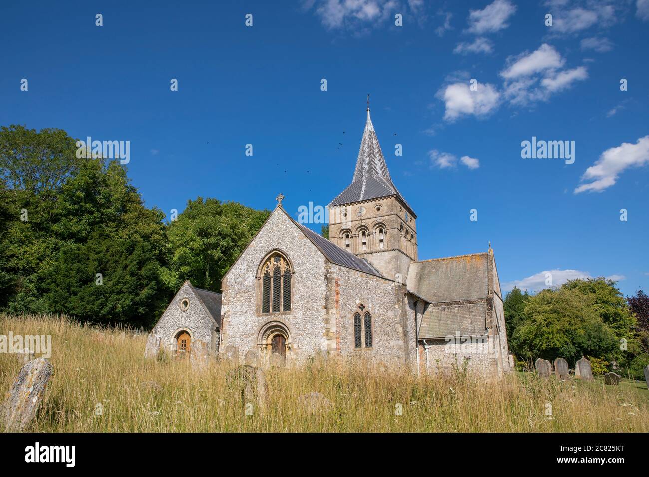 All Saints Pfarrkirche in East Meon an einem Sommertag. Beeindruckendes Steingebäude mit blauem Himmel. Stockfoto