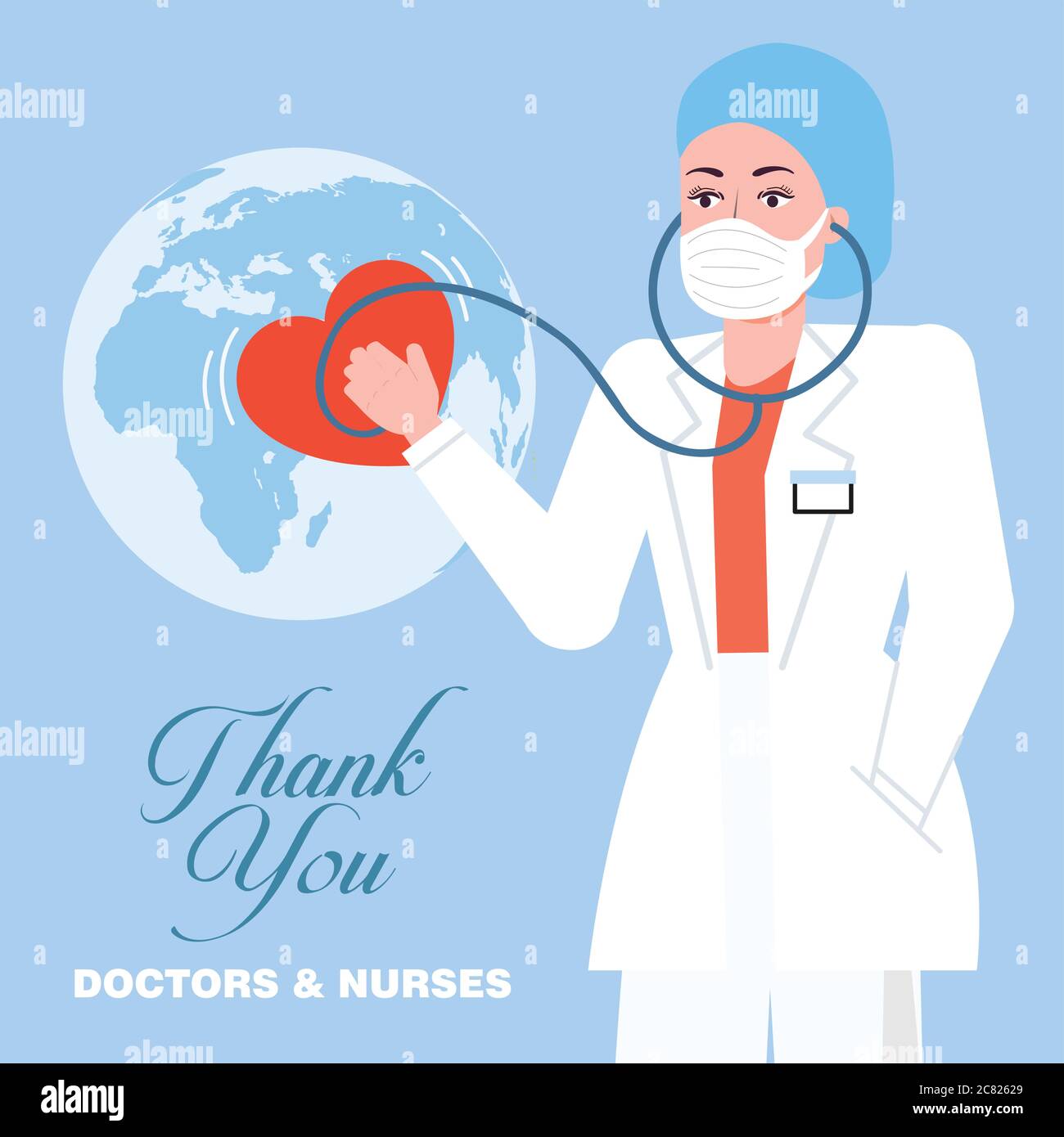 Vielen Dank an Ärzte und Krankenschwestern, die in den Krankenhäusern arbeiten und gegen das Coronavirus kämpfen. Frauen Krankenschwester mit Globus, flache Illustration Frau Arzt Vektor Stock Vektor