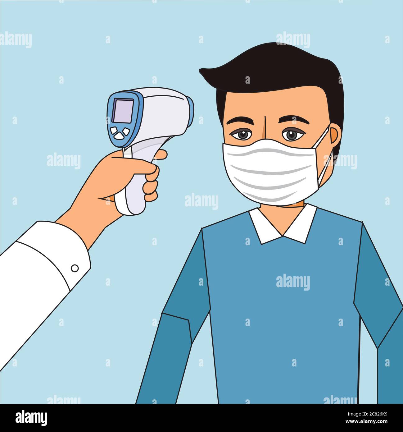 Körpertemperatur prüfen. Arzt hält ein berührungsloses Thermometer in der Hand. Fieberkontrolle. Körpertemperatur prüfen. Coronavirus-Prävention. 2019-ncov Stock Vektor