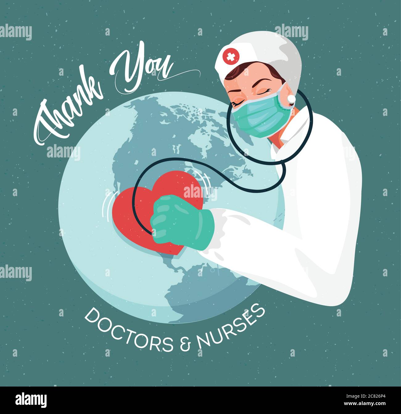 Vielen Dank an Ärzte und Krankenschwestern, die in den Krankenhäusern arbeiten und gegen das Coronavirus kämpfen. Frauen Krankenschwester mit Globus, flache Illustration Frau Arzt Vektor Stock Vektor