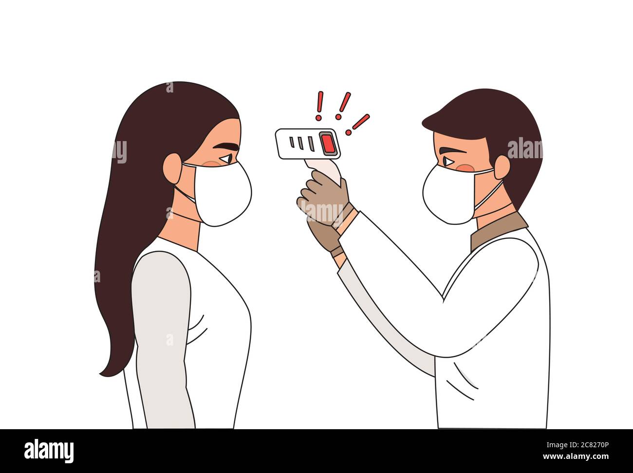 Körpertemperatur prüfen. Arzt hält ein berührungsloses Thermometer in der Hand. Fieberkontrolle. Körpertemperatur prüfen. Coronavirus-Prävention. 2019-ncov Stock Vektor