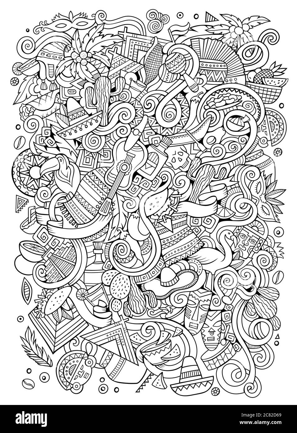 Cartoon handgezeichnete Kritzeleien lateinamerikanische Illustration. Strichkunst Stock Vektor