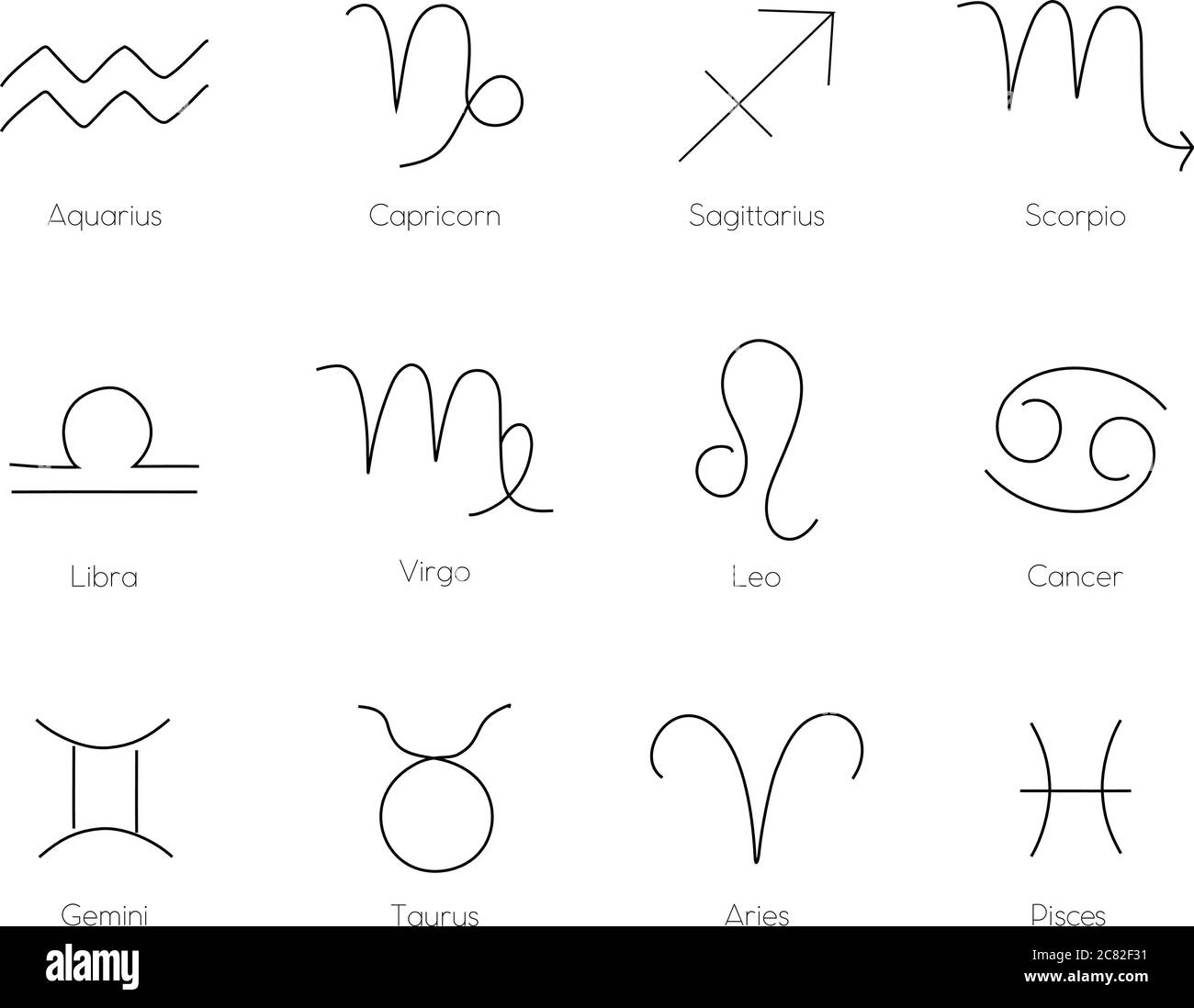 Minimalistische Sternzeichen Symbole, Horoskop Konstellation Vektor Illustration. Sternzeichen für Astrologie Horoskop. Isoliert. Minimale Tierkreislinie stilisiert Stock Vektor