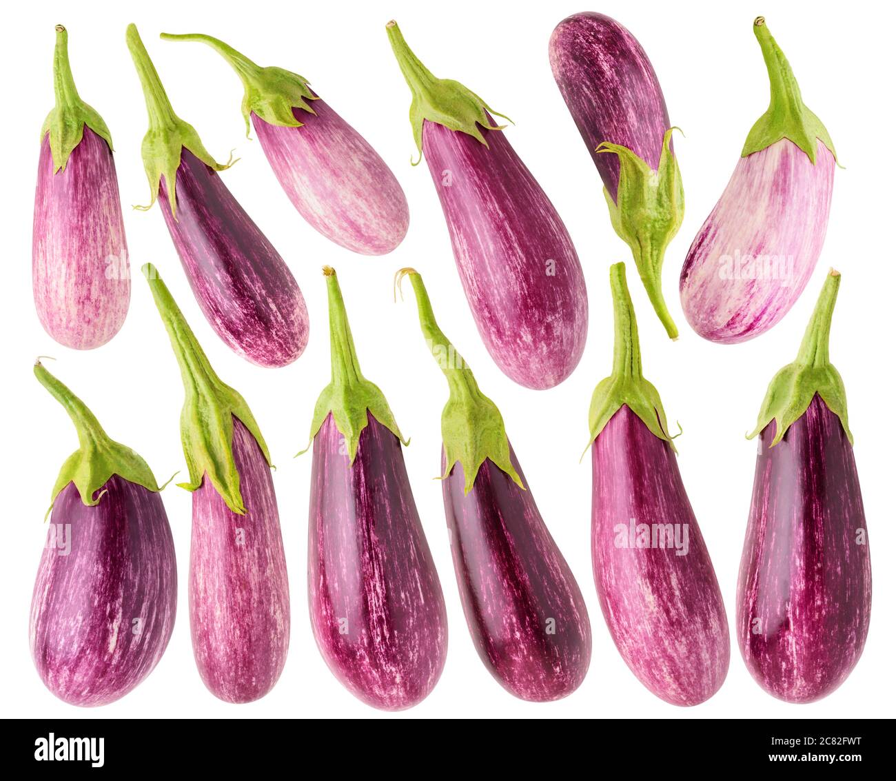 Isolierte Auberginen Sammlung. 12 ganze rohe Auberginen in verschiedenen Formen isoliert auf weißem Hintergrund Stockfoto