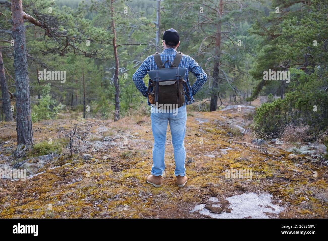 Kaukasischer junger Mann Wandern im Freien in Wäldern. Rückansicht Stockfoto