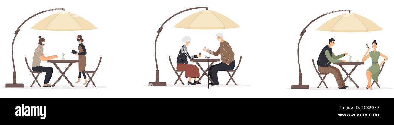 Männer und Frauen sitzen an Tischen unter Sonnenschirm im Café oder Restaurant miteinander reden, trinken Kaffee oder Wein, eine Bestellung an Kellnerin Stock Vektor